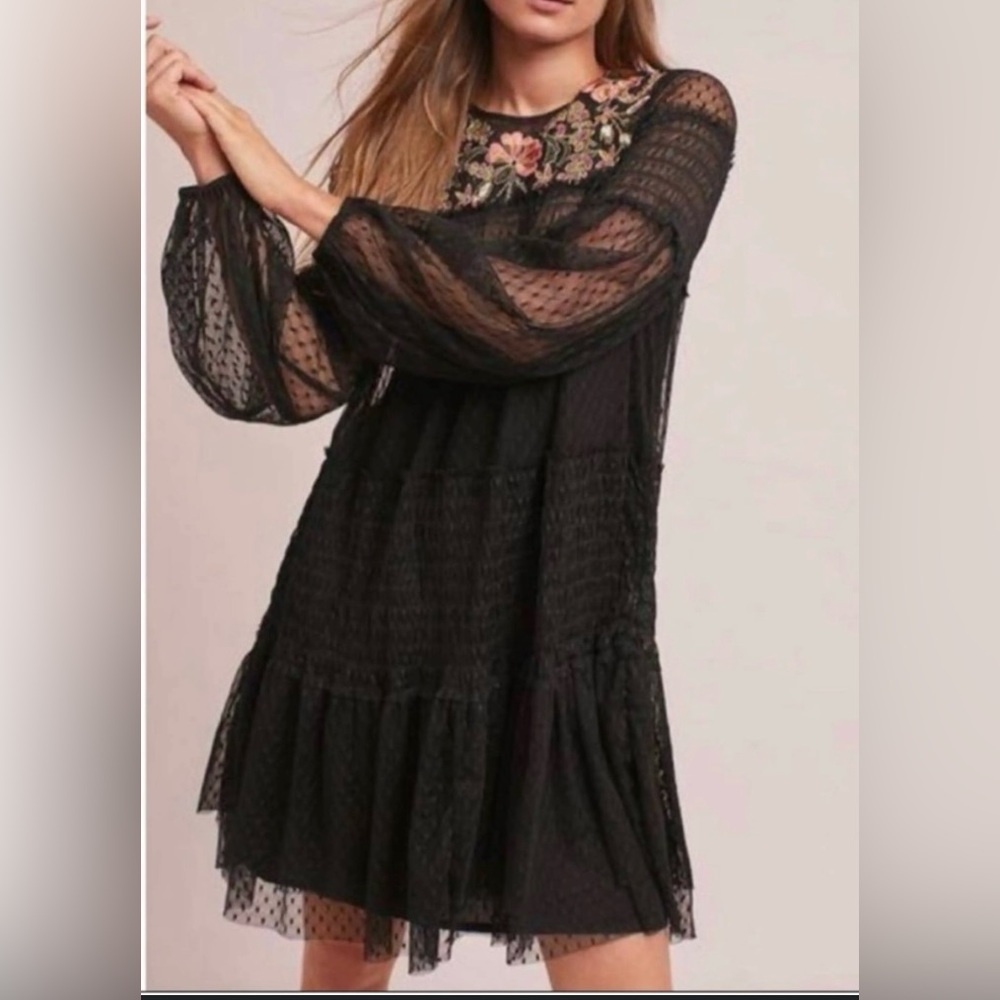 Anthropologie Maeve black emboidered whimsical dress size large